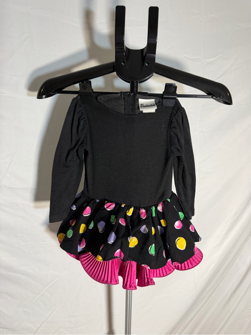 Vintage 80s Isabella Black Long Sleeve Dress with Colorful Polka Dot Skirt